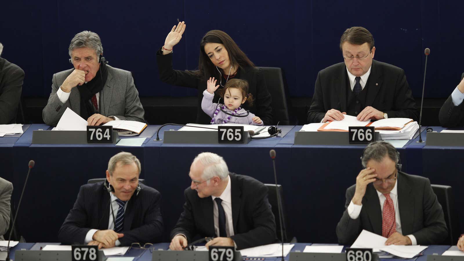 Italy’s Licia Ronzulli and her daughter at Europe’s parliament.