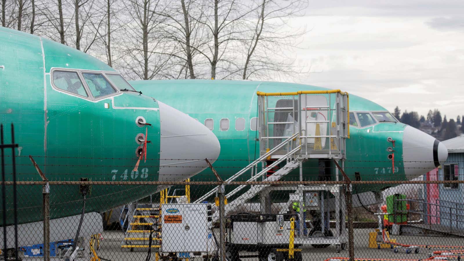 737 MAX 8 aircraft parked at a Boeing production facility in Renton, Washington.