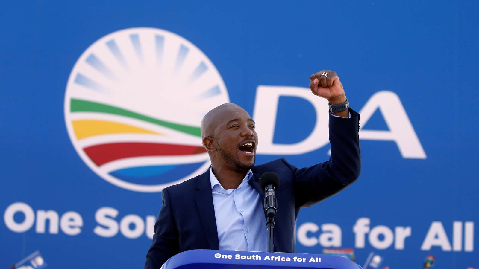 Mmusi Maimane, leader of South Africa’s largest opposition party, the Democratic Alliance (DA), addresses supporters at his party’s final election rally ahead of the country’s May 8