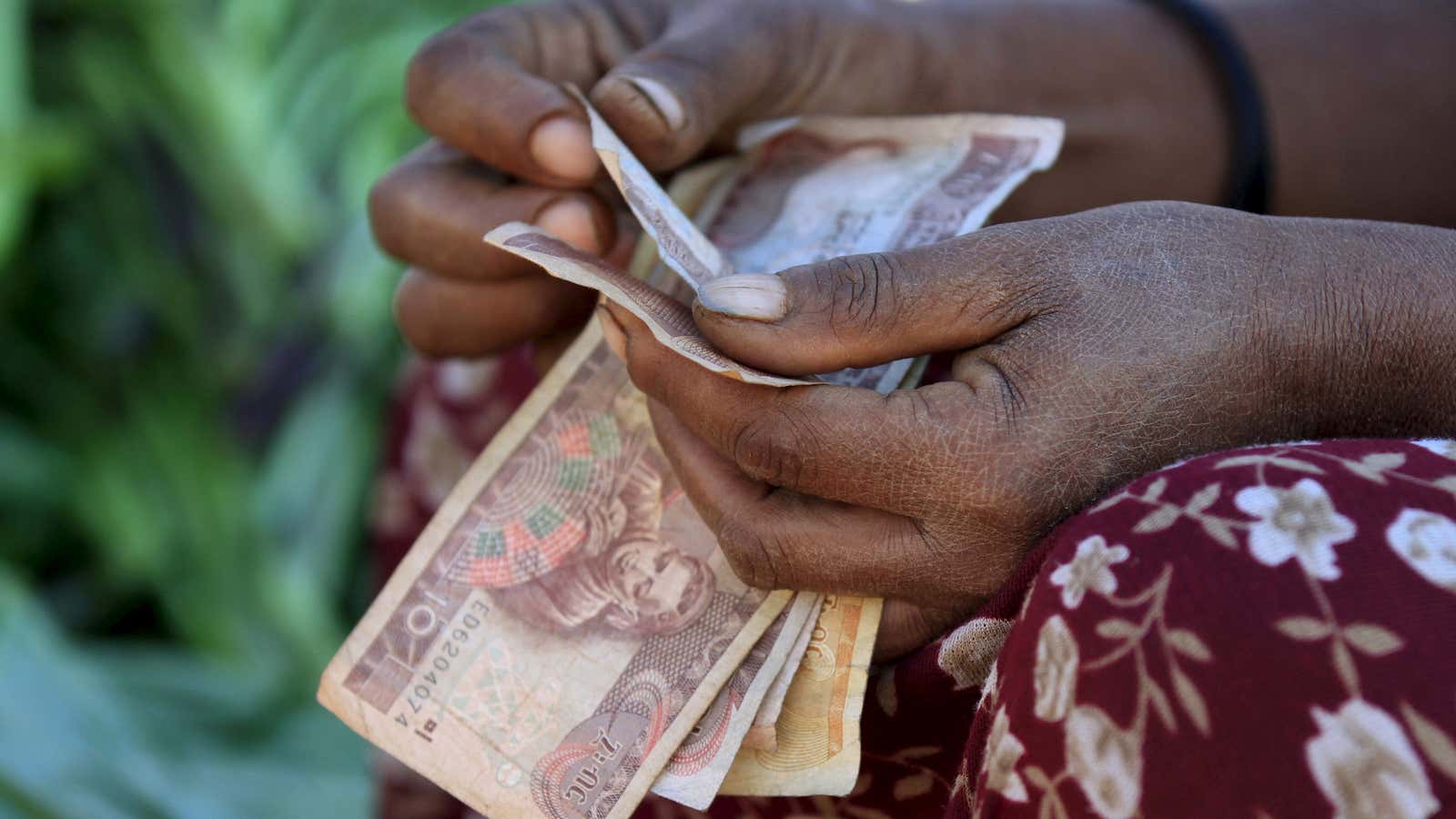 A woman counts Ethiopian birr notes, at the Mercato market in Addis Ababa