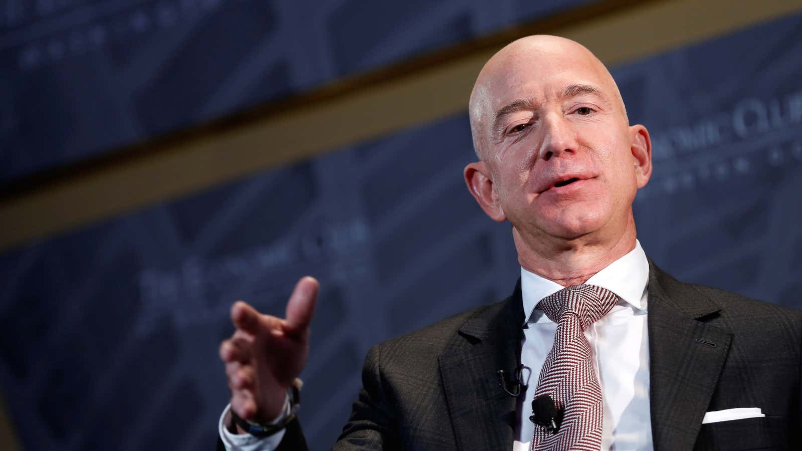 Jeff Bezos, president and CEO of Amazon and owner of The Washington Post, speaks at the Economic Club of Washington DC’s “Milestone Celebration Dinner” in…