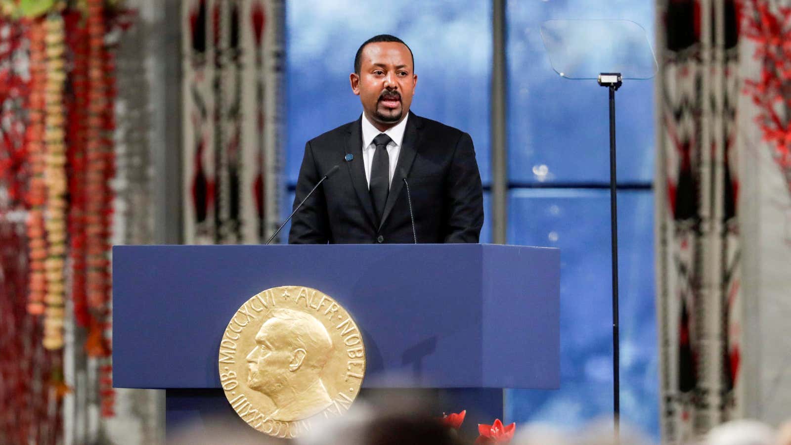 Nobel Peace Prize Laureate Ethiopian Prime Minister Abiy Ahmed Ali delivers his speech during the awarding ceremony in Oslo City Hall, Norway Dec.10, 2019.