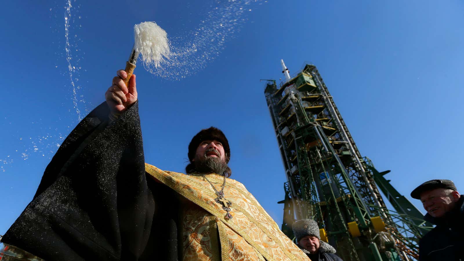 A Russian orthodox priest blesses the Soyuz TMA-07M spacecraft before its launch from Russia’s leased Baikonur cosmodrome, in Kazakhstan.