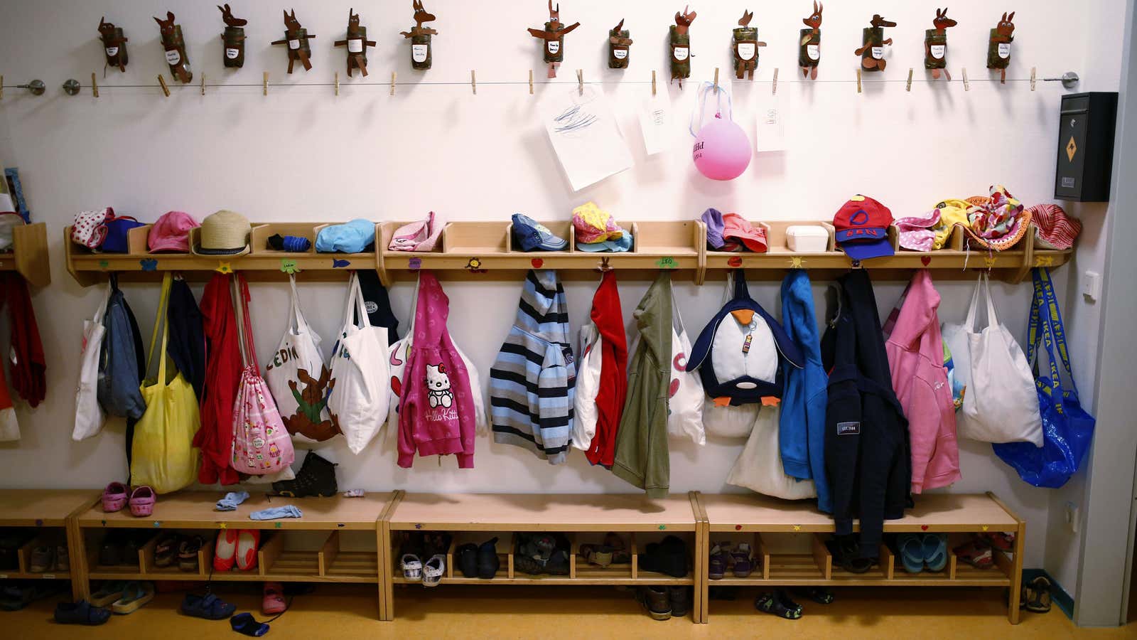 The wardrobe of one of four groups is seen inside the Kathinka-Platzhoff-Stiftung Kindergarten (Kathinka-Platzhoff-foundation kindergarden) in Hanau, 30km (18 miles) south of Frankfurt, July 16,…