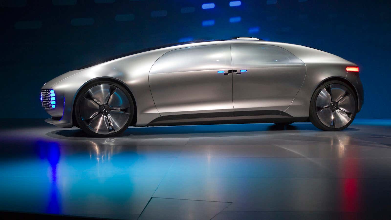 The Mercedes-Benz F015 Luxury in Motion autonomous concept car is pictured on-stage during the 2015 International Consumer Electronics Show (CES) in Las Vegas, Nevada January…
