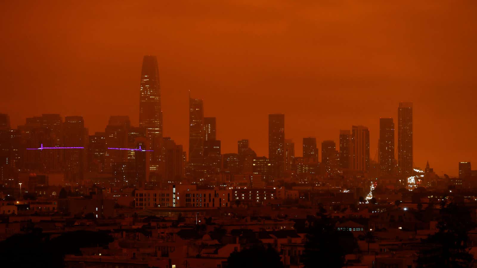 On Sept. 9, 2020, downtown San Francisco was under an orange sky darkened by smoke from California wildfires.
