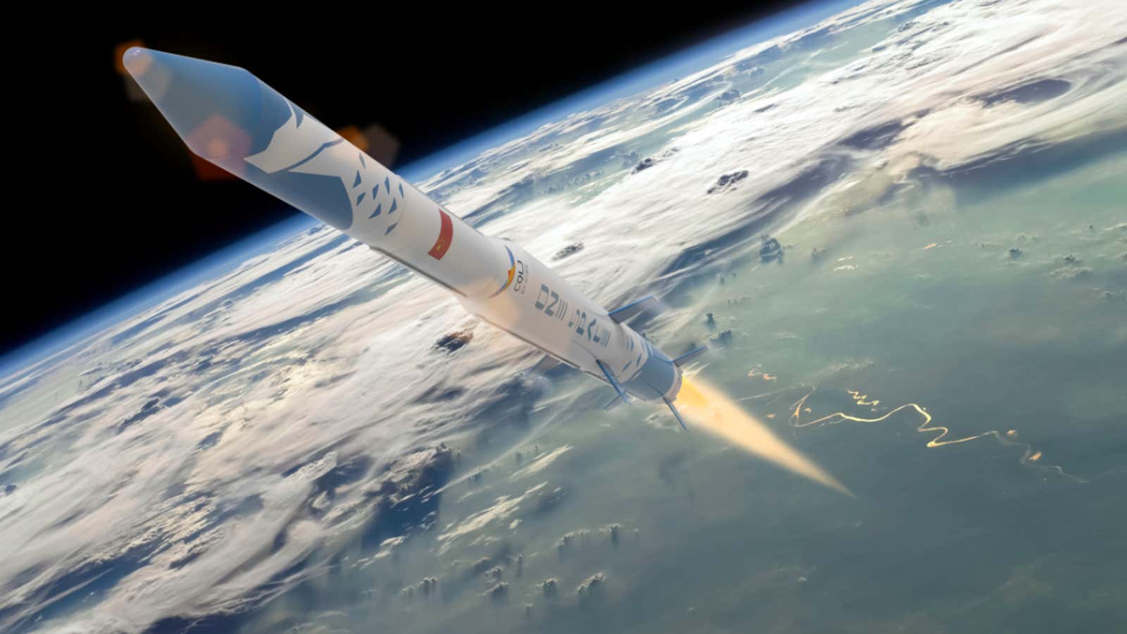 A rendering of OneSpace’s OX-M rocket in flight.