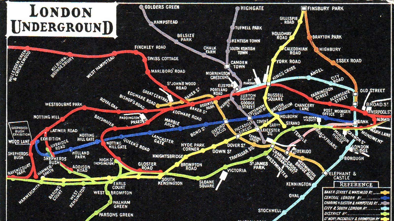 A postcard version of the tube map in 1908