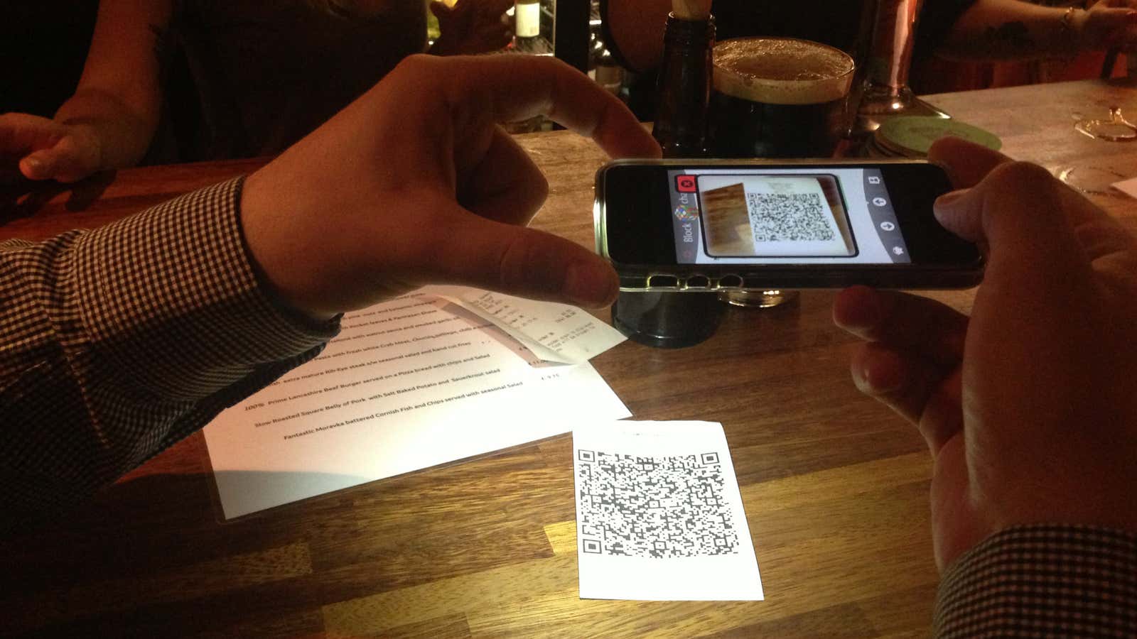 Paying for a pint with Bitcoin at the Pembury Tavern in east London.