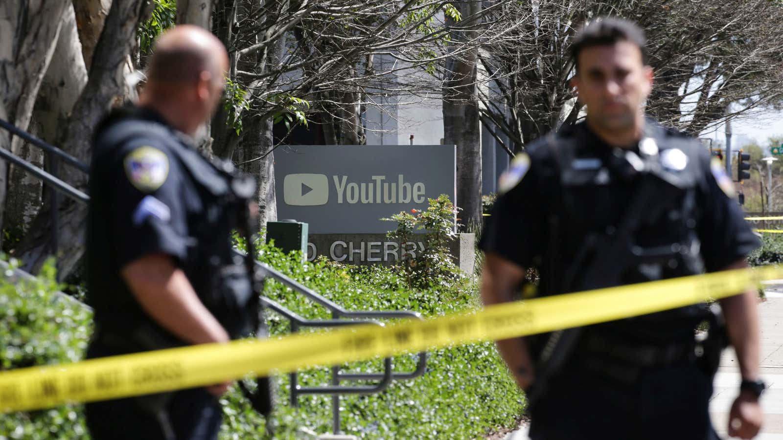 Police officers at the headquarters of YouTube, which faced an active shooter situation on Tuesday.