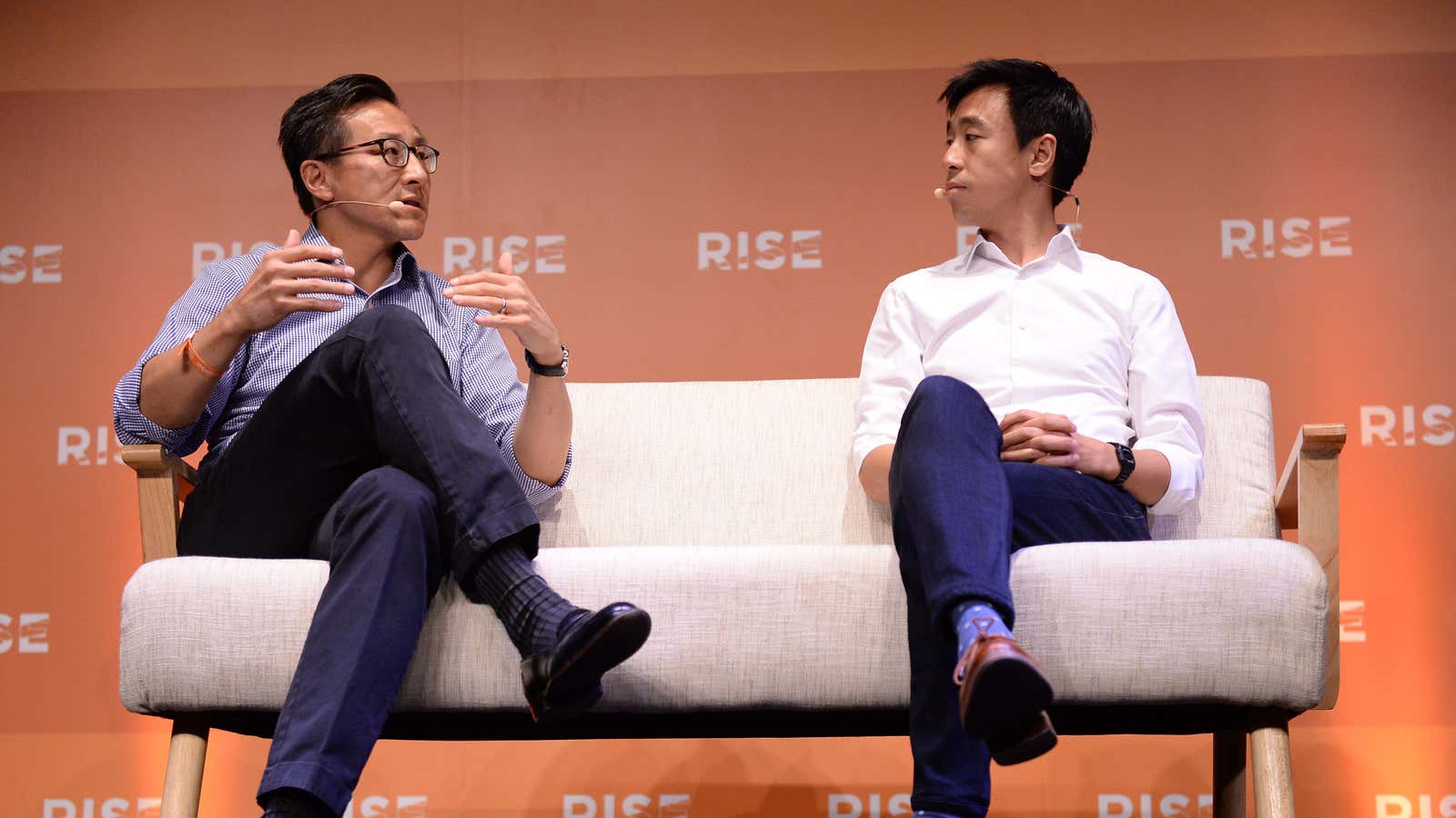 Alibaba co-founder Joseph Tsai (L) and SCMP CEO Gary Liu.