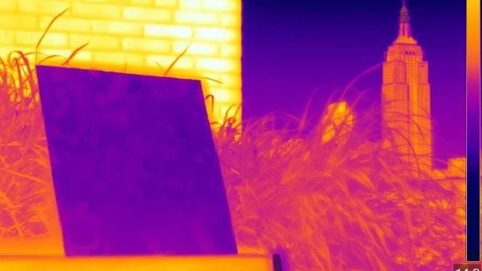An infrared image shows how the paint reflects and radiates energy, leading to a drop in temperature.