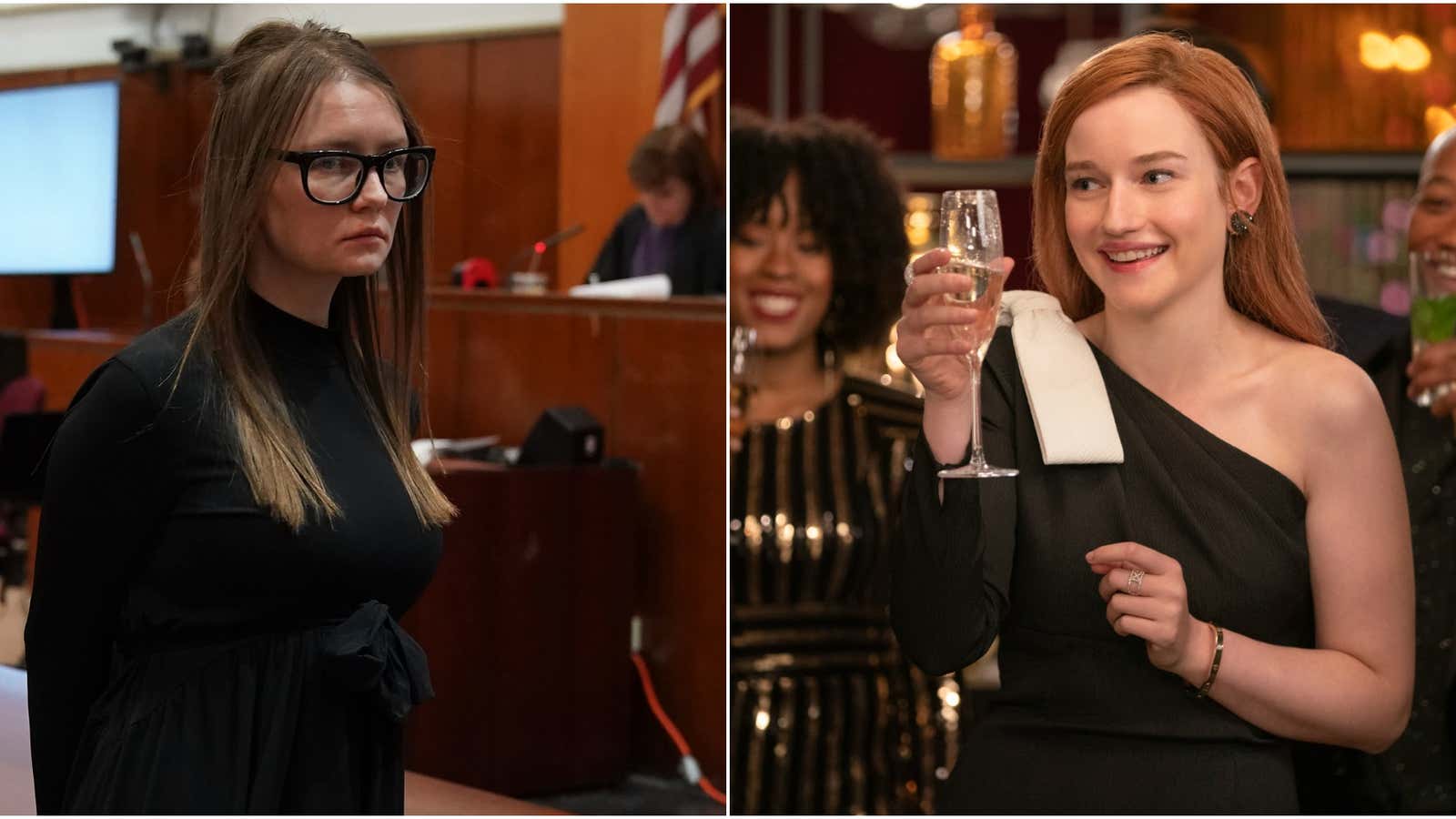 Left: the real Anna Delvey a.k.a. Anna Sorokin (Photo: Timothy A. Clary/AFP via Getty Images); Right: Julia Garner stars in Inventing Anna (Photo: Nicole Rivelli/Netflix)