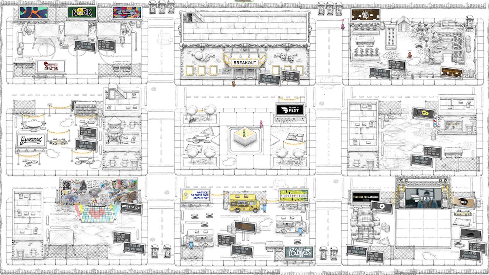 A sketch of nine city blocks, featuring detailed illustrations of buildings, a basketball court, and a greenhouse, taken from a screenshot of the virtual world…