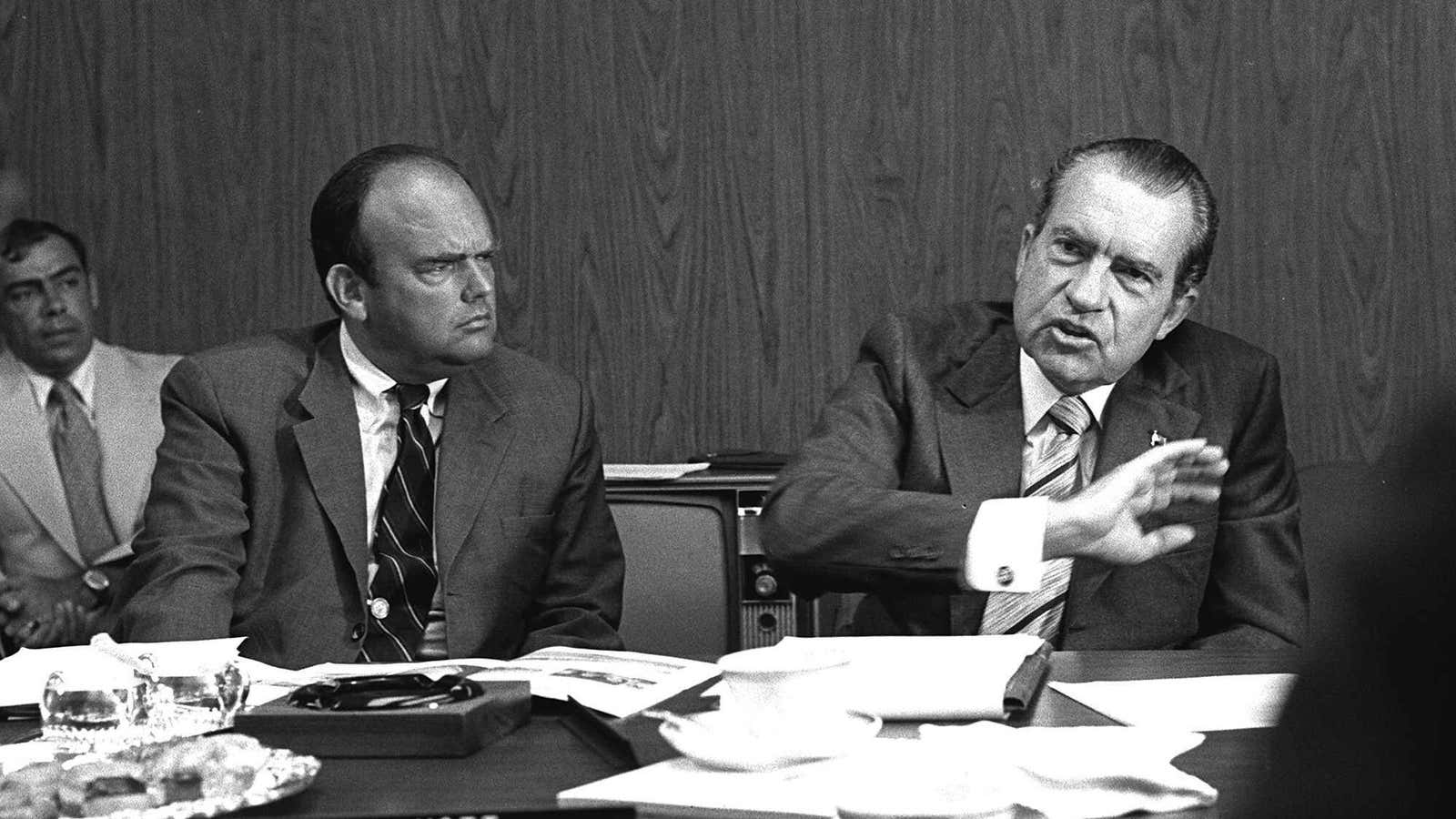 Nixon seated with his domestic policy advisor, John Ehrlichman.