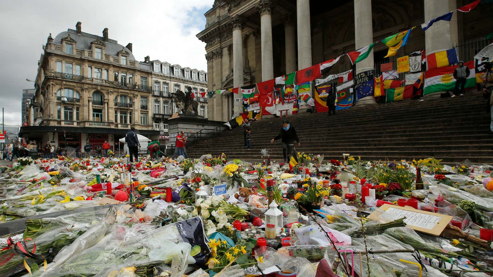 Tributes left for the victims of Brussels attacks at the Place de la Bourse.