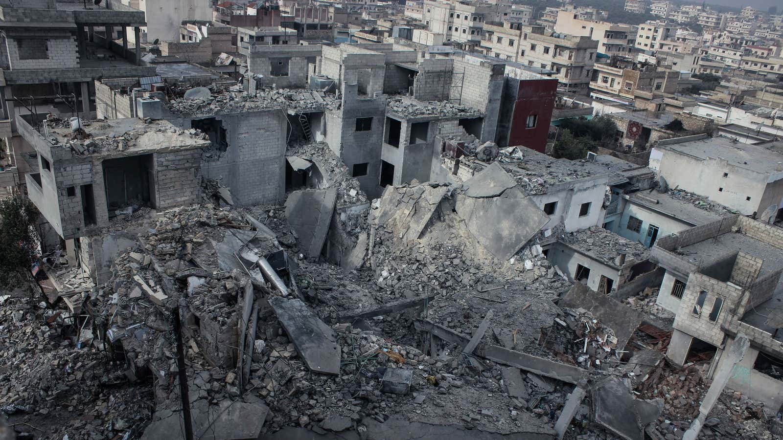 Damaged buildings in Binnish, Syria in January 2013.