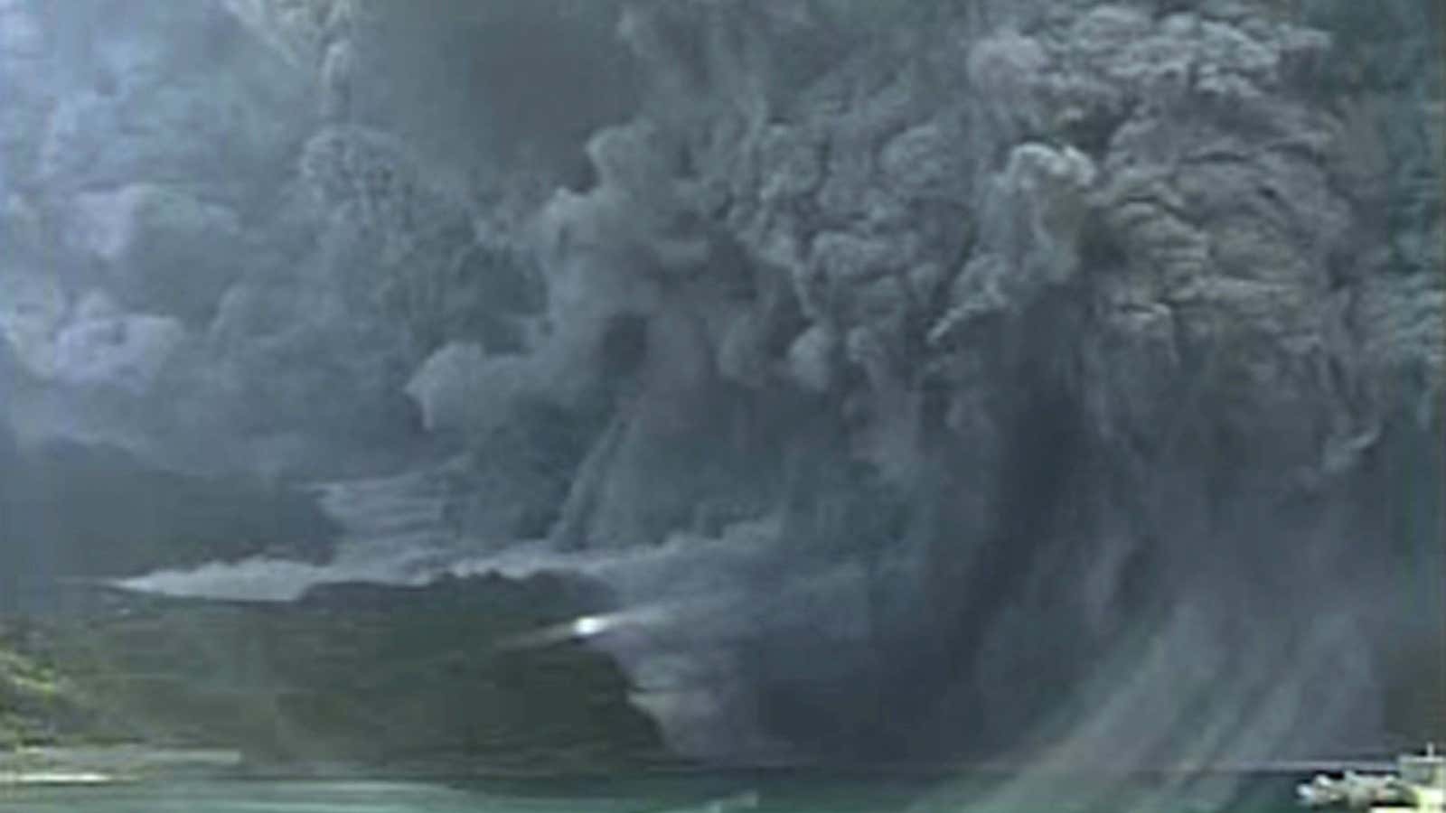 A video grab from the Japan Meteorological Agency’s live camera image shows an eruption of Mount Shindake on Kuchinoerabujima island in southwestern Japan.