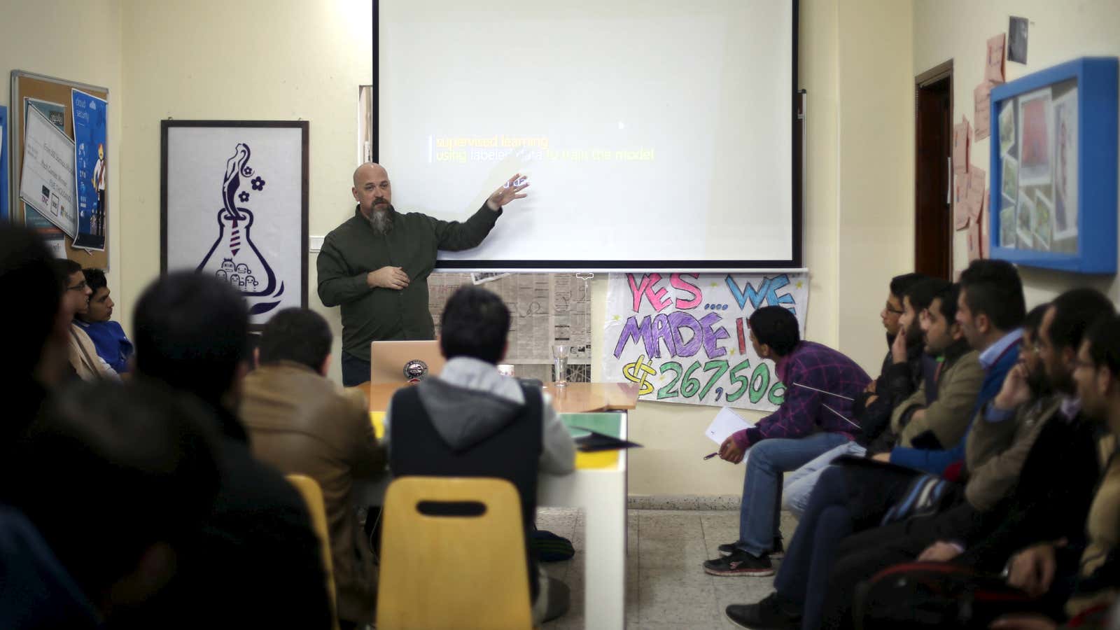 A visiting Microsoft employee gives a talk at Gaza Sky Geeks.