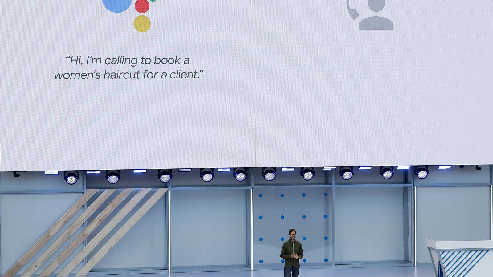 Google CEO Sundar Pichai presents Google Duplex, made possible by AI research.