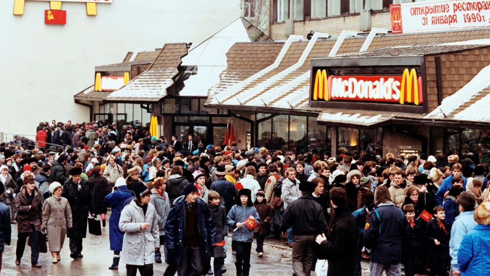 Customers queue outside the first McDonald’s in Moscow in January 1990.