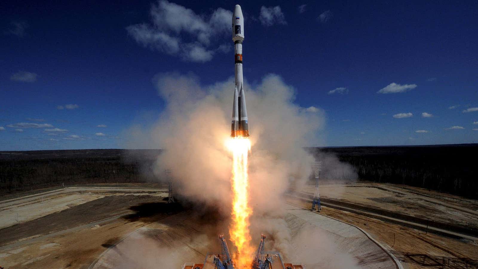 A Russian Soyuz 2.1A rocket lifts off from the launch pad at the new Vostochny cosmodrome outside the city of Uglegorsk, Russia on April 28, 2016.