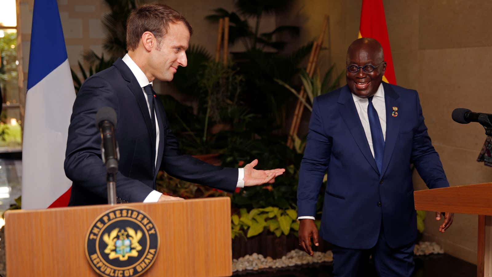 French president Emmanuel Macron with Ghana’s President Nana Akufo-Addo at the Presidential palace in Accra, Ghana.