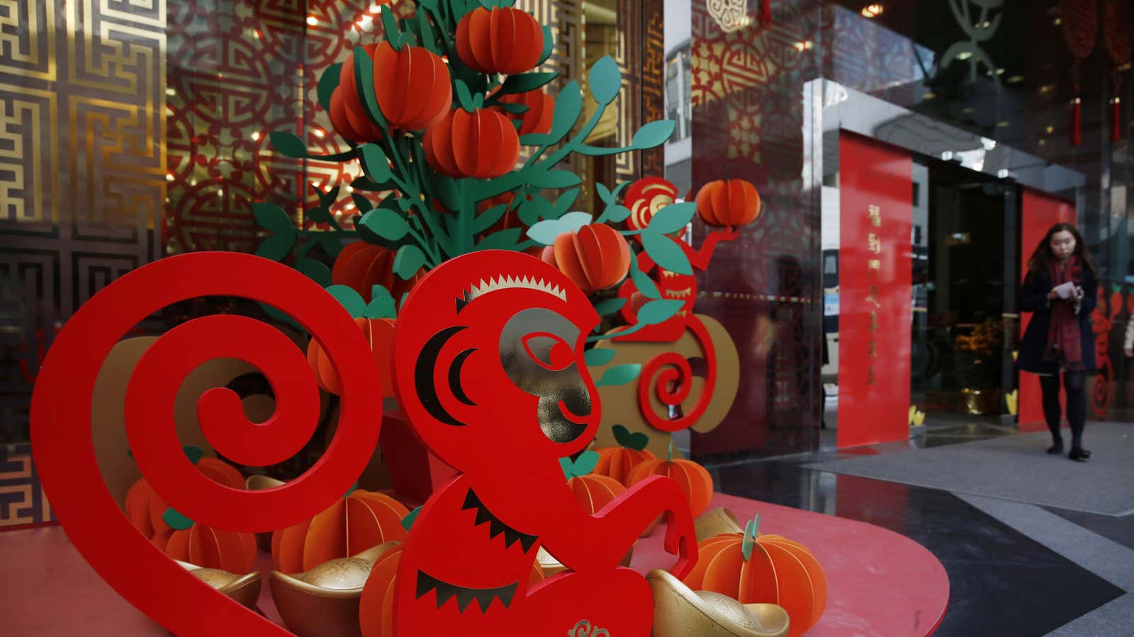 Bank decorations in Hong Kong for Monkey Year, which starts on Feb. 8.