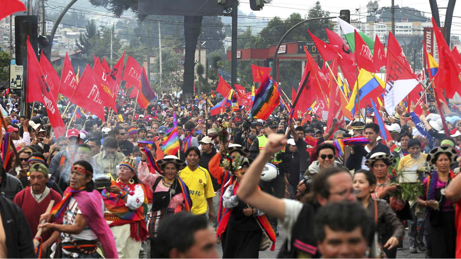 Ecuadorian Indian protesters march to Quito to protest against the El Mirador copper mining project.