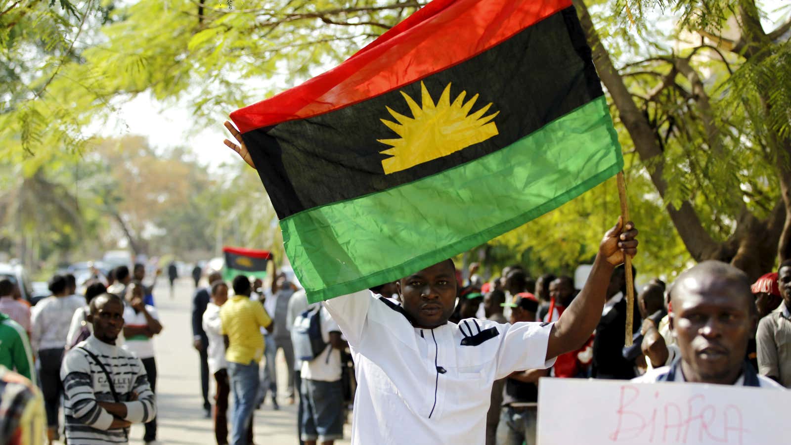 A supporter of Indigenous People of Biafra (IPOB) leader Nnamdi Kanu holds a Biafra flag during a rally in support of Kanu