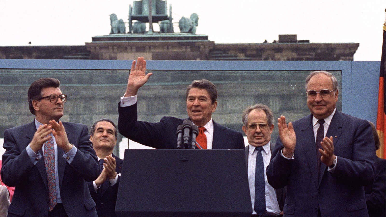 US president Ronald Reagan at the the Brandenburg Gate of the Berlin Wall in 1987.