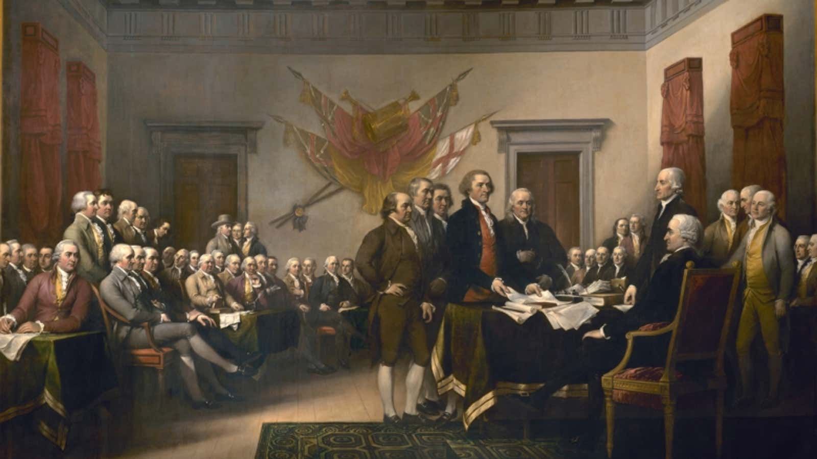 One man in this painting may have repudiated his signature on the Declaration of Independence under pressure.