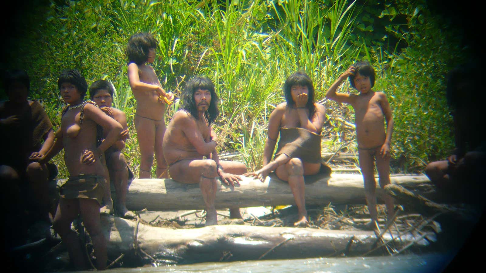 Members of the Mashco-Piro tribe photographed through a bird scope.