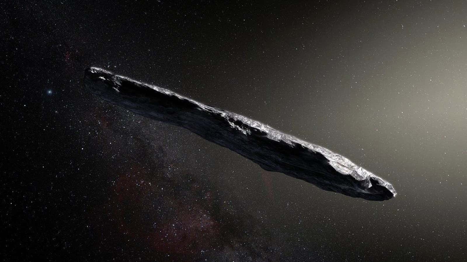 An artist’s rendition of the first interstellar asteroid discovered in our solar system.