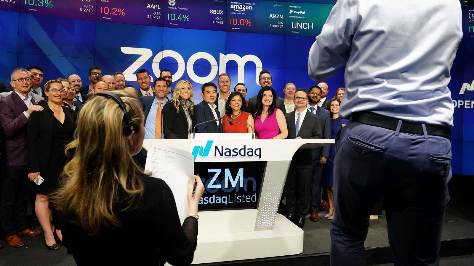 Shares of Zoom have risen over 400% since this photo was taken.