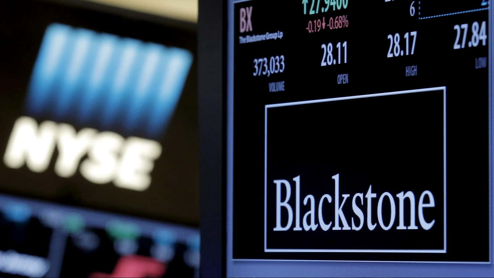 The ticker and trading information for Blackstone Group is displayed at the post where it is traded on the floor of the New York Stock…