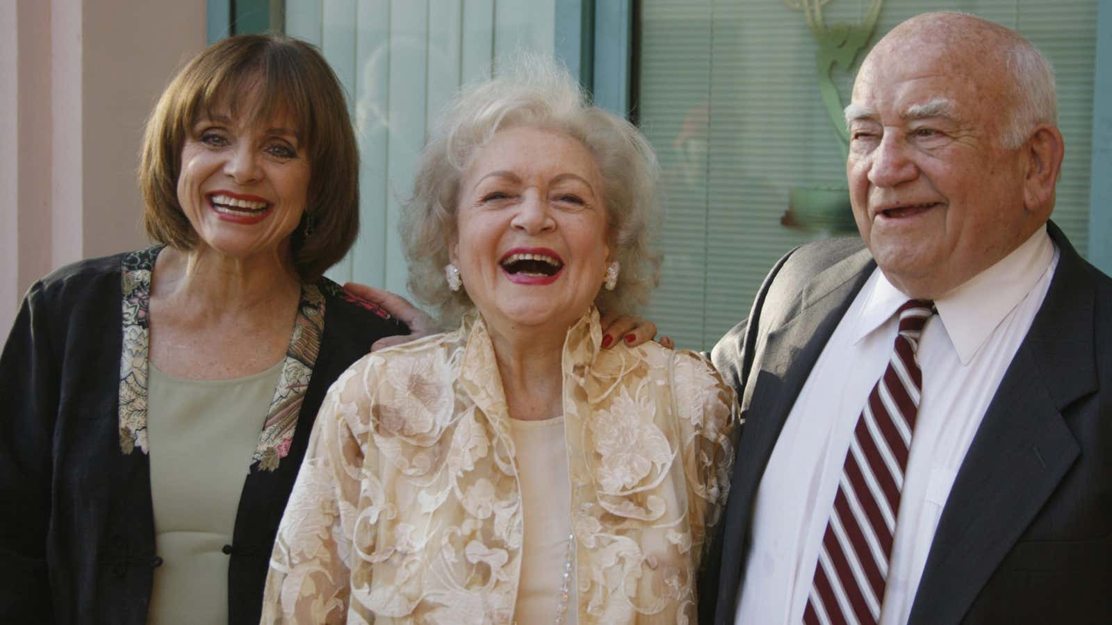 Ed Asner with his former “Mary Tyler Moore” castmates Betty White and Valerie Harper.