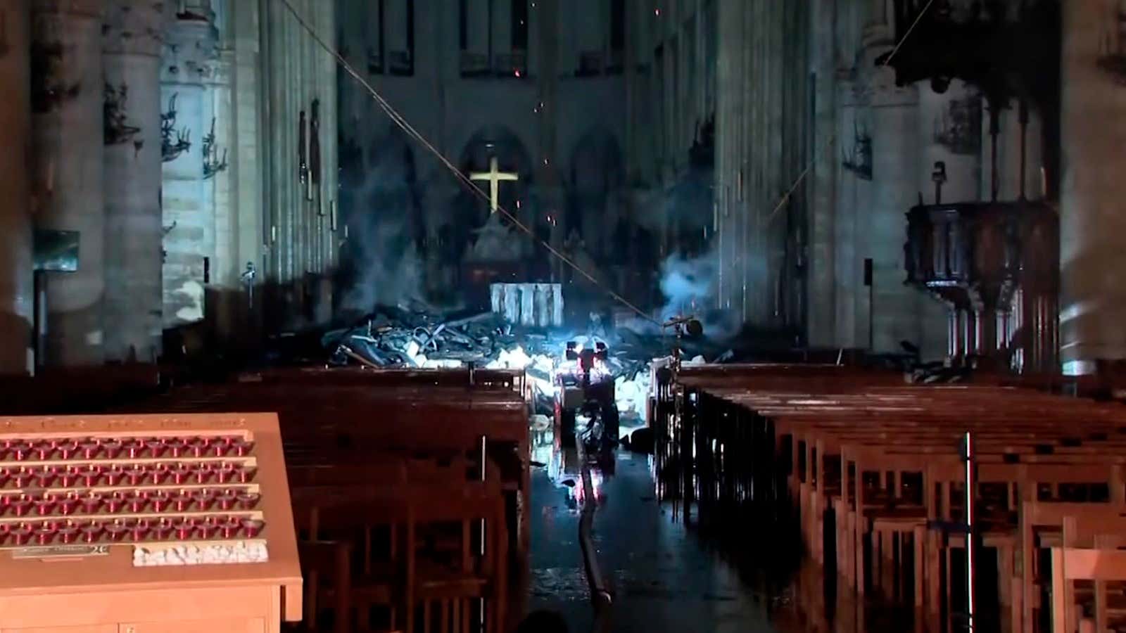 An image taken from France Televisions video shows the fire damage inside the Notre Dame cathedral on April 15.
