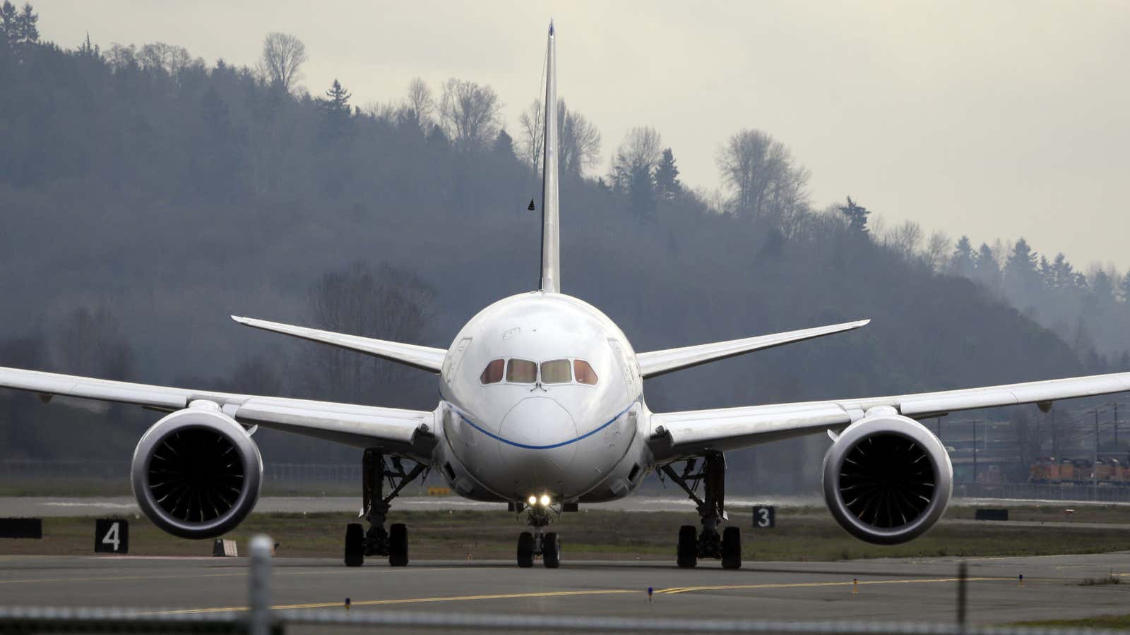 A Boeing 787 taxies, following February test flight.