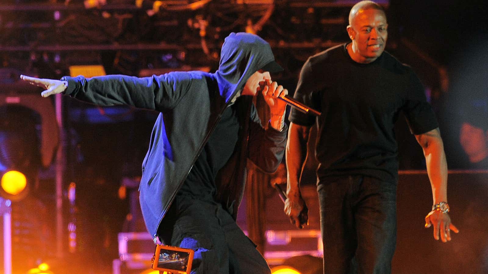 Eminem (left) and Dr. Dre (right) at the Coachella music festival in 2012.