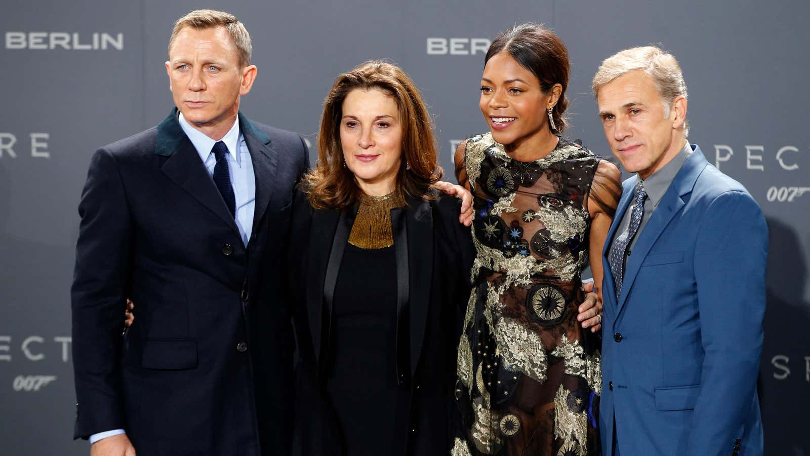 Daniel Craig, Barbara Broccoli, Naomie Harris and Christoph Waltz pose at the last Bond premiere in 2015.