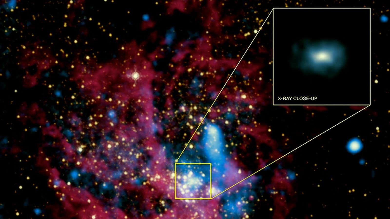An X-ray and infrared image of hot gases surrounding a black hole.