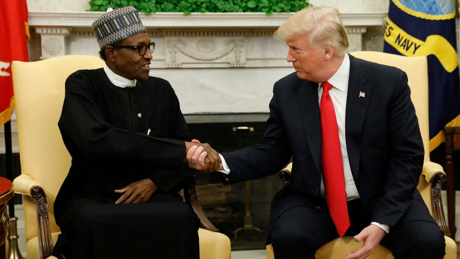 US President Donald Trump meets with Nigeria’s President Muhammadu Buhari in the Oval Office of the White House in 2018