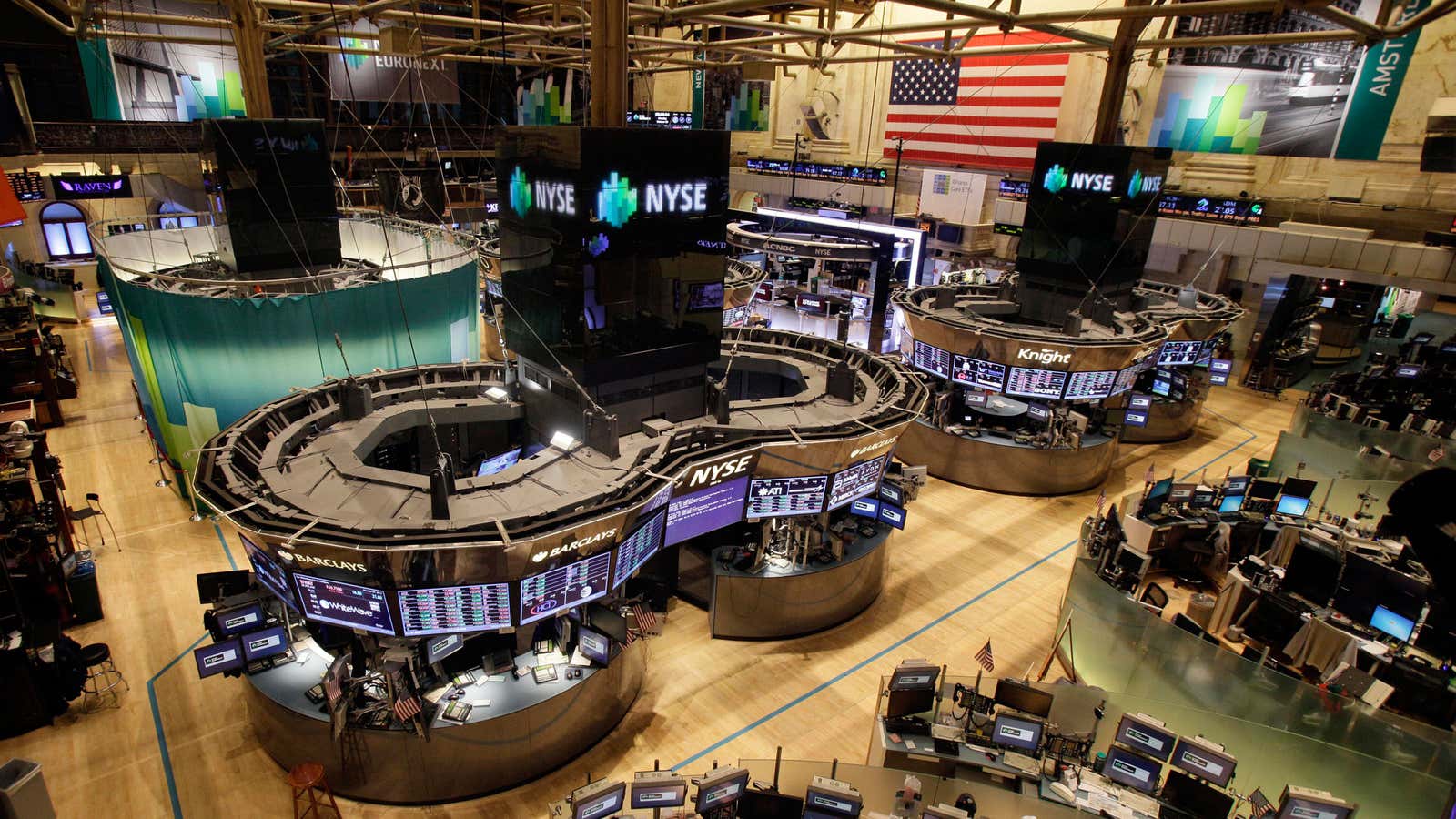 The floor of the New York Stock Exchange is empty of traders on Oct. 29, 2012