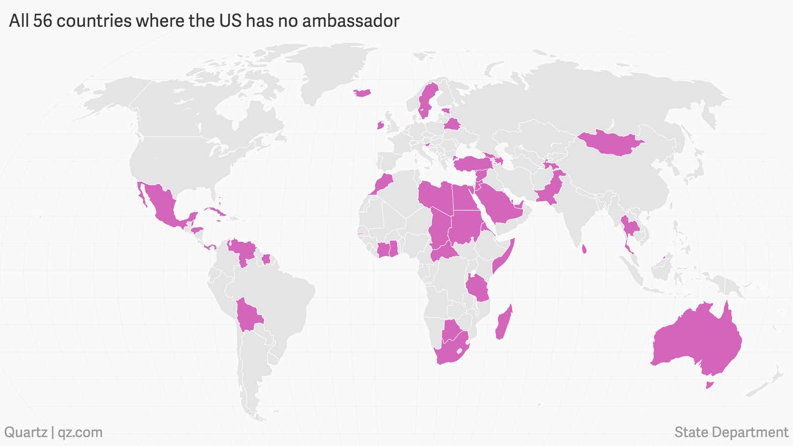 There’s no US ambassador to Saudi Arabia, Turkey, and 54 other countries (some not visible in map above).