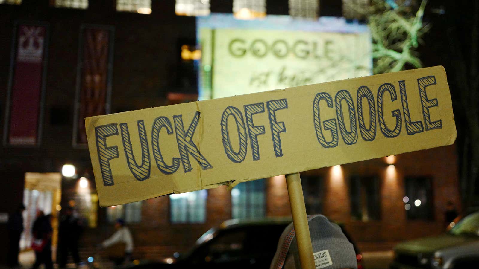 Protestors in front of Google’s campus location last December.