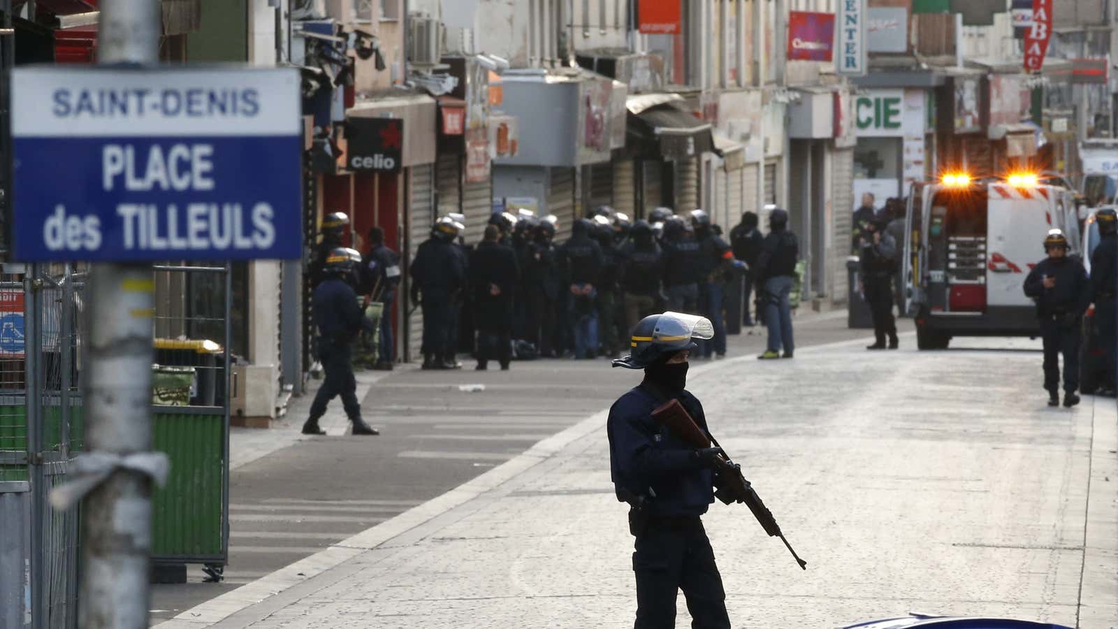 French riot police (CRS) secure the area as shots are exchanged in Saint-Denis, France, near Paris, November 18, 2015 during an operation to catch fugitives…