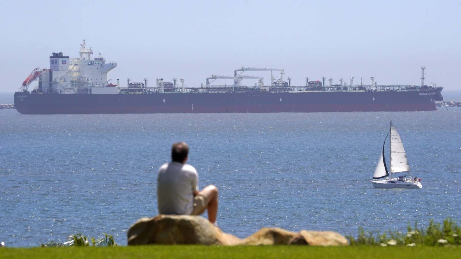 About three dozen oil-filled tankers are parked off the coast of California with nowhere to go.
