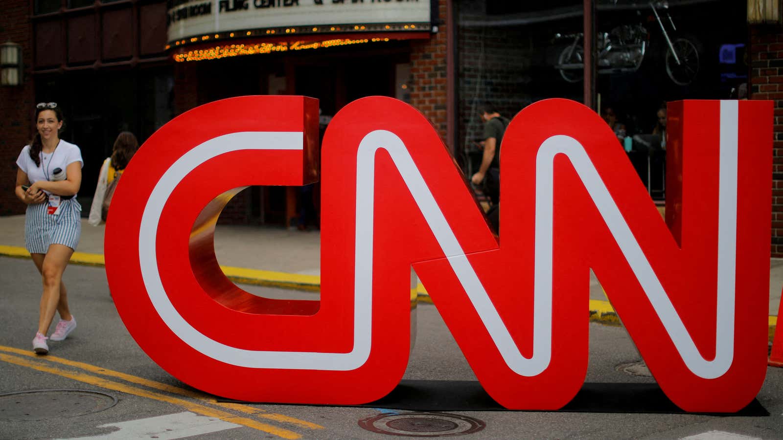 FILE PHOTO: The CNN logo stands outside the venue of the second Democratic 2020 U.S. presidential candidates debate, in the Fox Theater in Detroit, Michigan, U.S., July 30, 2019.    REUTERS/Brian Snyder/File Photo