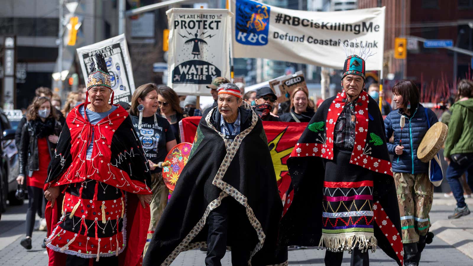 Wet’suwet’en hereditary chiefs led a protest outside the headquarters of the Royal Bank in Canada on April 7, over its financing of a gas pipeline.